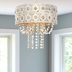 Wedgeworth Champaign Jewels W/ White Punched Metal Drum Pendant Lamp 12.75" Wide